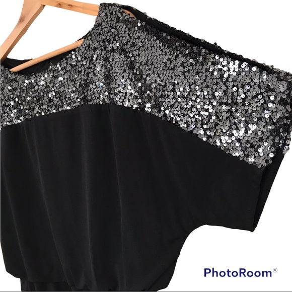 Cachet Blouse Black Silver With Silver Sequins Split Sleeves - Picture 3 of 10